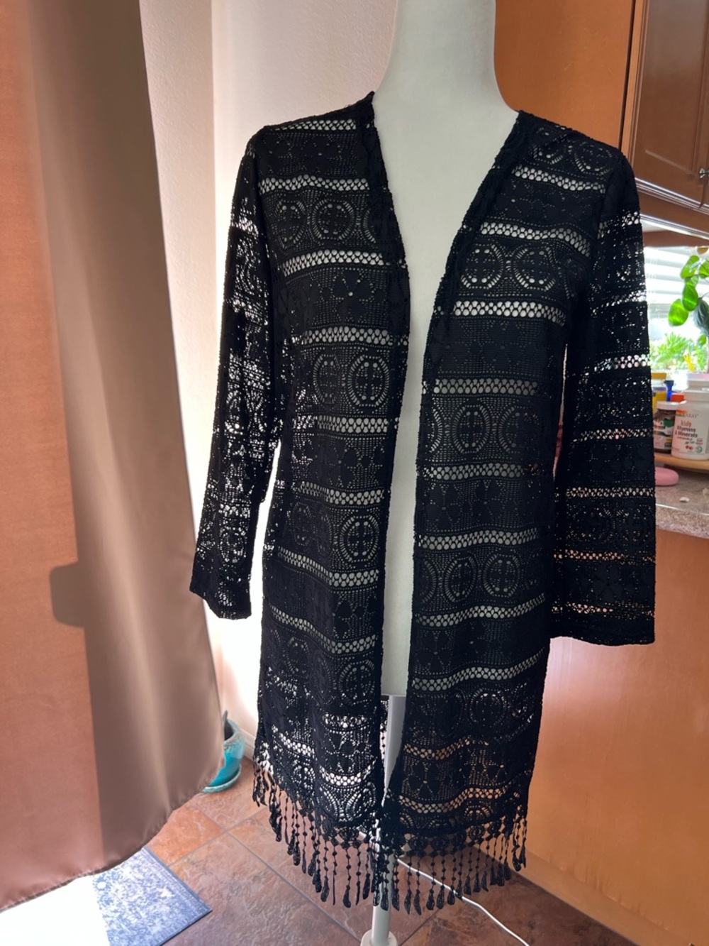 Black Lace Open-Front Kimono Cardigan-one size fits all